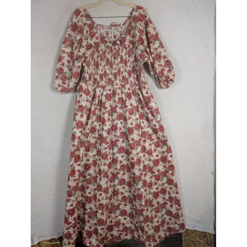 Love Olive Co Maxi Dress Women's XL Cream Red Floral Smocked Puff Sleeve Pocket